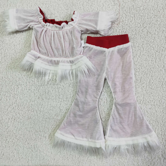 C7-23 Christmas Red Sequin Girls Short Sleeve Bell Bottom Pants Outfits