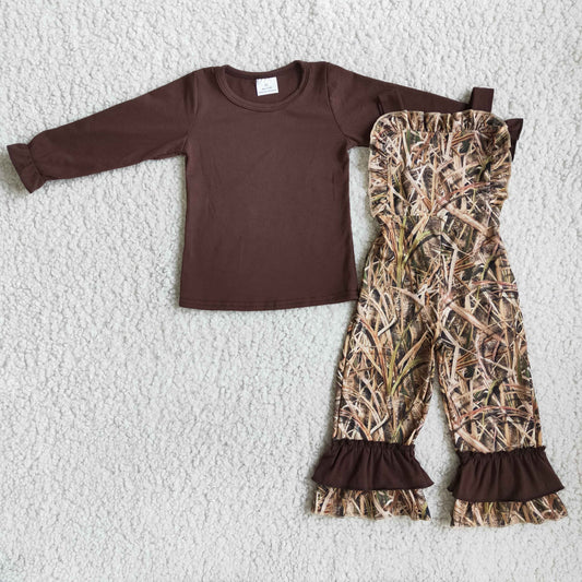 6 A7-27 Brown Leaf Leaves Camo Print Girls Long Sleeve Pants Outfits Overalls