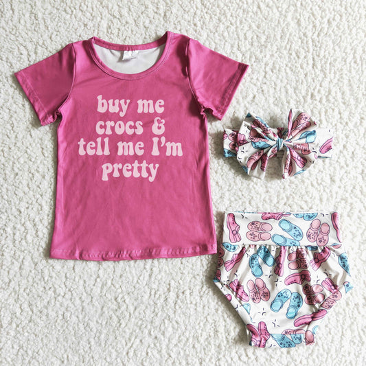 GBO0003 Pink Buy Me Crocs & Tell Me I Am Pretty With Bow 3pcs Girls Short Sleeve Bummies Outfits