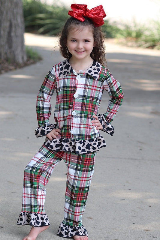 6 B2-4 Christmas Red Green Plaid Leopard Collar Girls Long Sleeve Pajamas