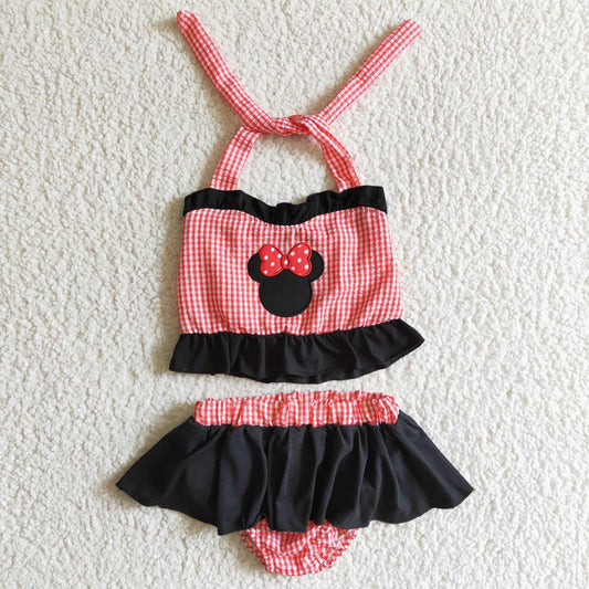 S0008 Red Plaid Black Cartoon Embroidery Girls Swimming Bathing Suits Swimsuits