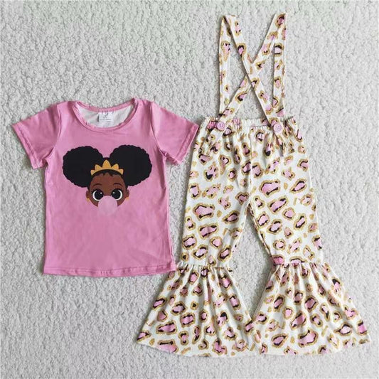 Clearance D5-29 Black Girl Pink Overall Girls Short Sleeve Bell Bottom Pants Outfits