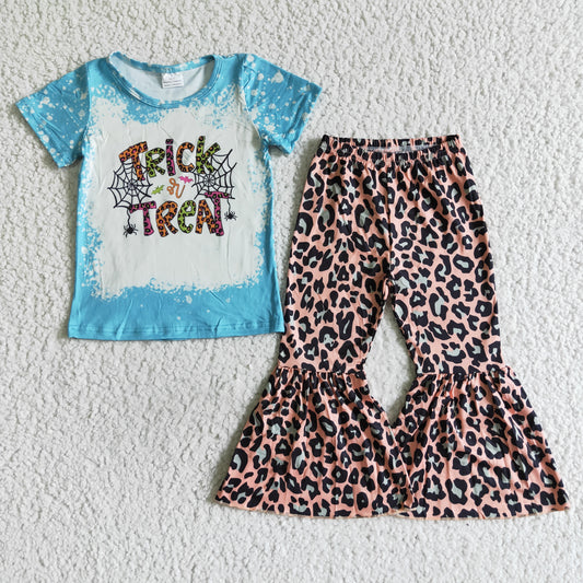 Clearance A0-24 Halloween Blue Bleach Trick Treat Spider Web Leopard Girls Short Sleeve Bell Bottom Pants Outfits