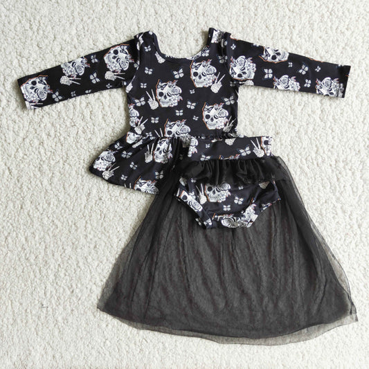 Black Long Sleeve Halloween Casual Tutu Style Baby Girls Kids Outfits