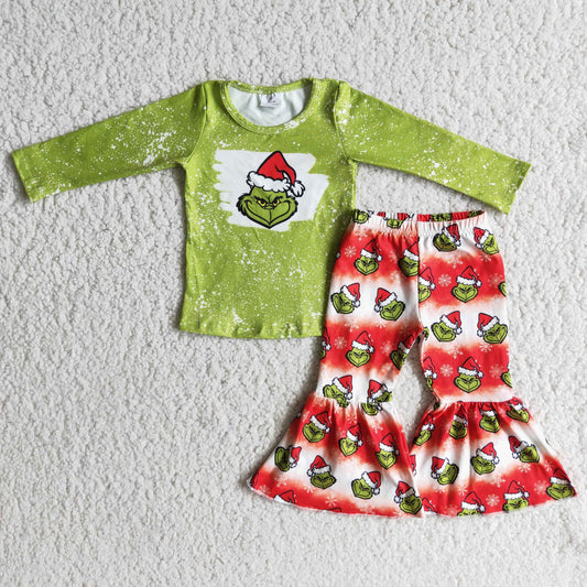 6 B7-21 Christmas Green Cartoon Red Santa Girls Long Sleeve Bell Bottom Pants Outfits