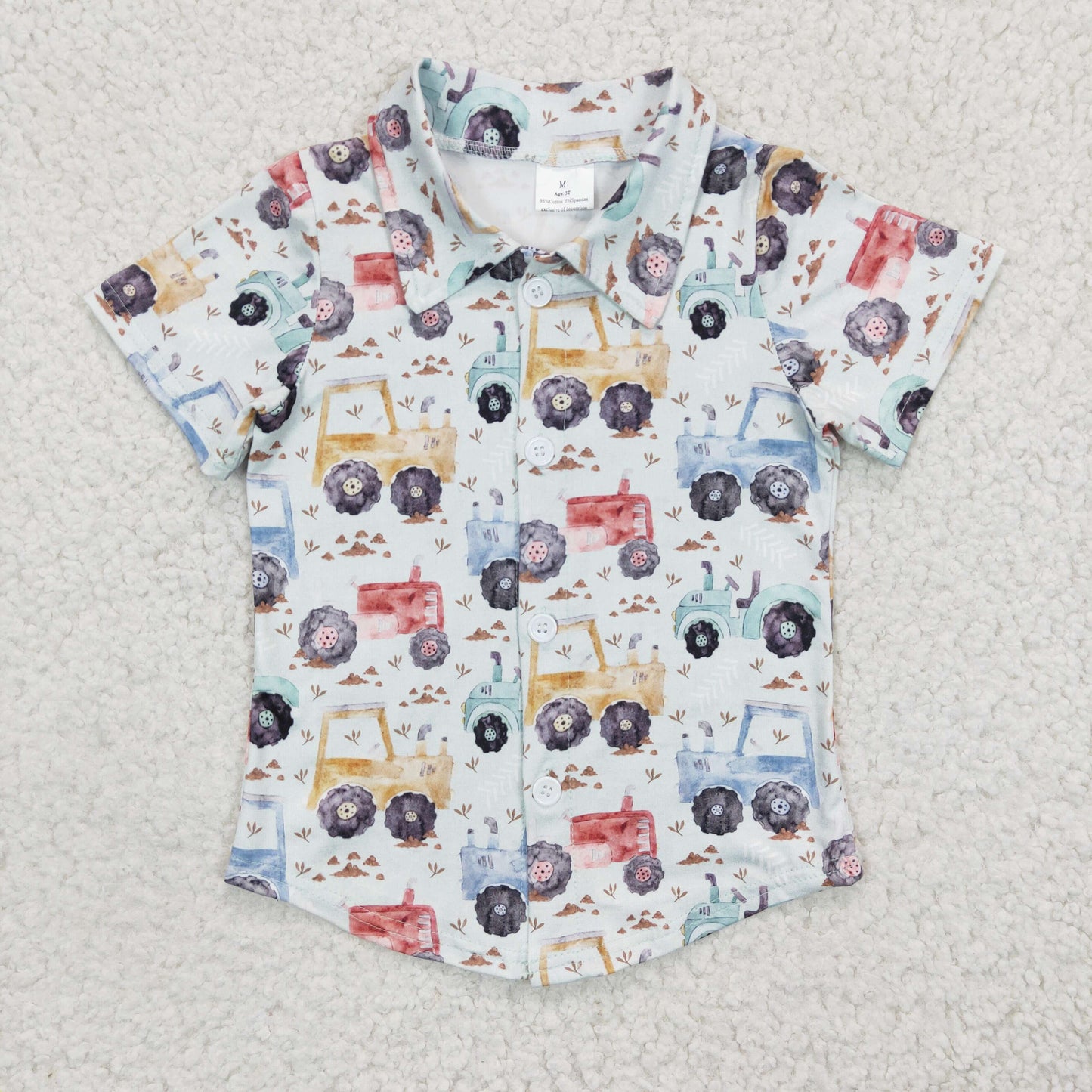 BT0137 Blue Farm Tractor Car Boys Short Sleeve Top Collar T-Shirts