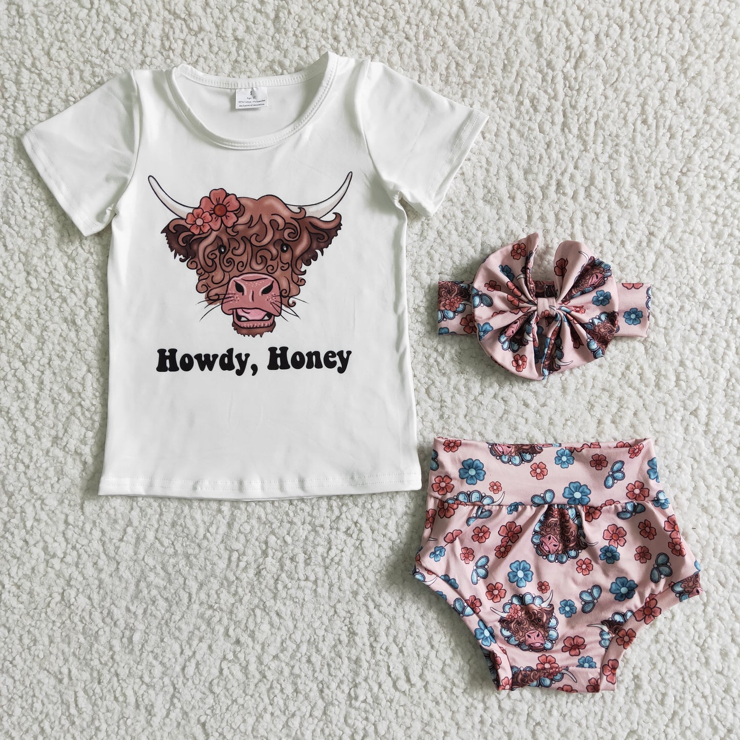 GBO0010 Howdy Honey Highland Cows With Bow 3pcs Girls Short Sleeve Bummies Outfits