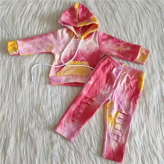 Tie Dye Kids Hoodie Red & Yellow Set