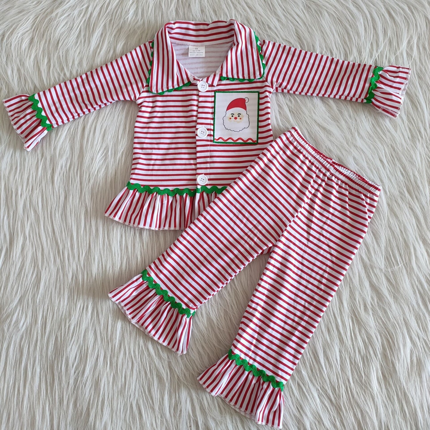 Casual Striped Print Embroidery Santa Girls Cotton Pajamas