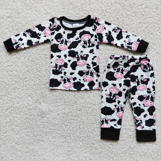 Clearance 6 A7-1 Black Pink Cow Print Girls Long Sleeve Pajamas