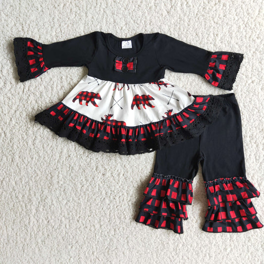 Clearance 6 B4-1 Christmas Bear Deer Red Black Plaid Ruffles Tunic Girls Long Sleeve Pants Outfits