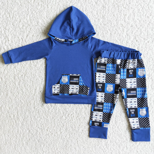 Clearance 6 A5-11 Blue Plaid Police Pocket Boys Long Sleeve Hoodies Outfits