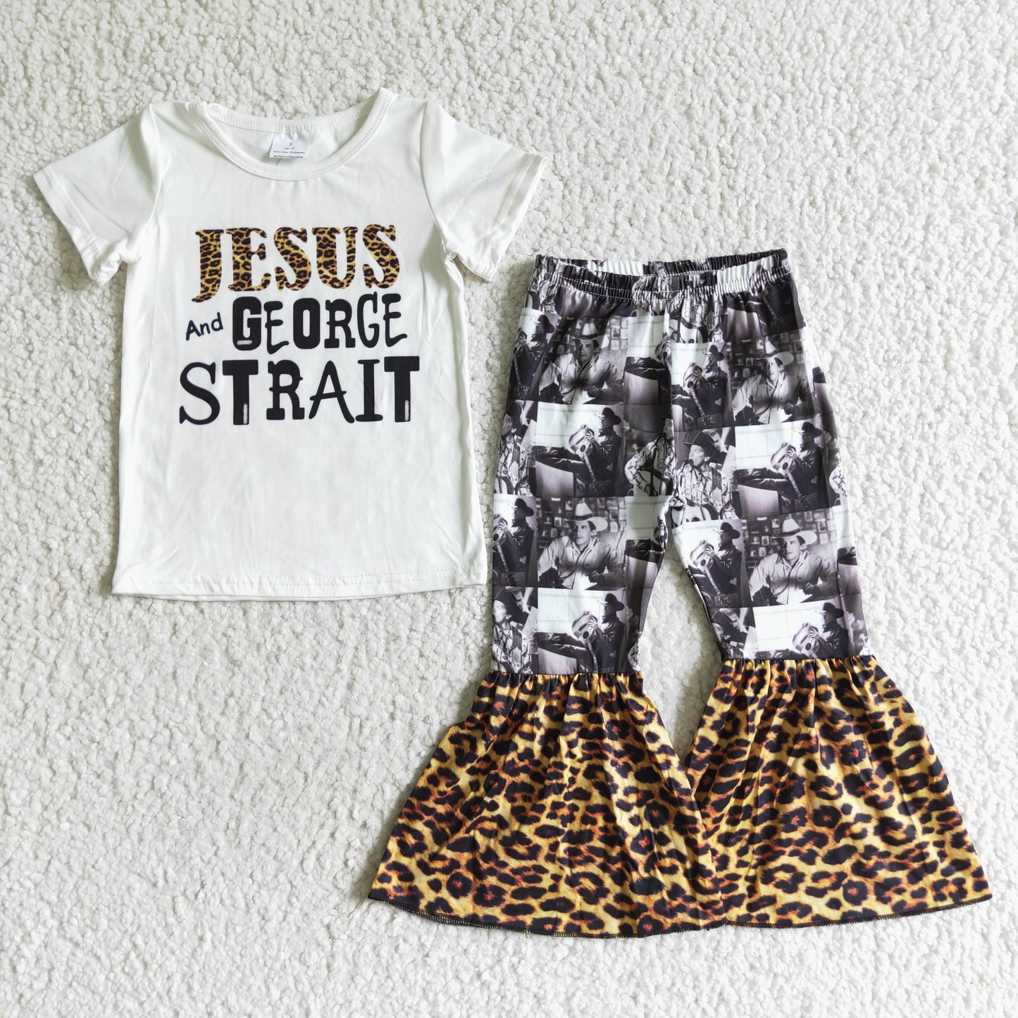 A18-10 Christmas Jesus And Georce Strait Singer Music Leopard Girls Short Sleeve Bell Bottom Pants Outfits