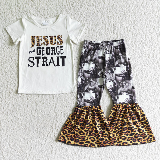 A18-10 Christmas Jesus And Georce Strait Singer Music Leopard Girls Short Sleeve Bell Bottom Pants Outfits