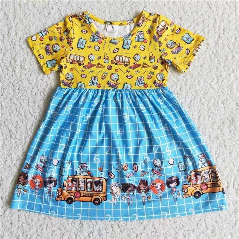 Happy Back to School Girls School Bus Shot Sleeve Adorable Casual Dresses