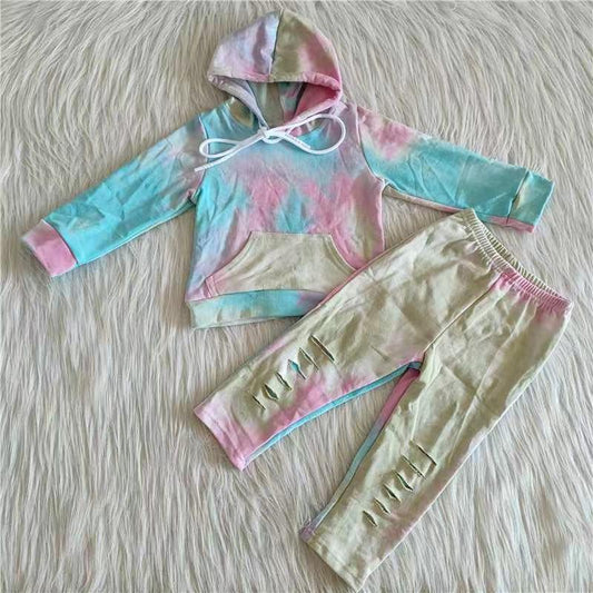 Clearance  6 A20-26 Tie Dye Kids Hoodie Blue & Green Set