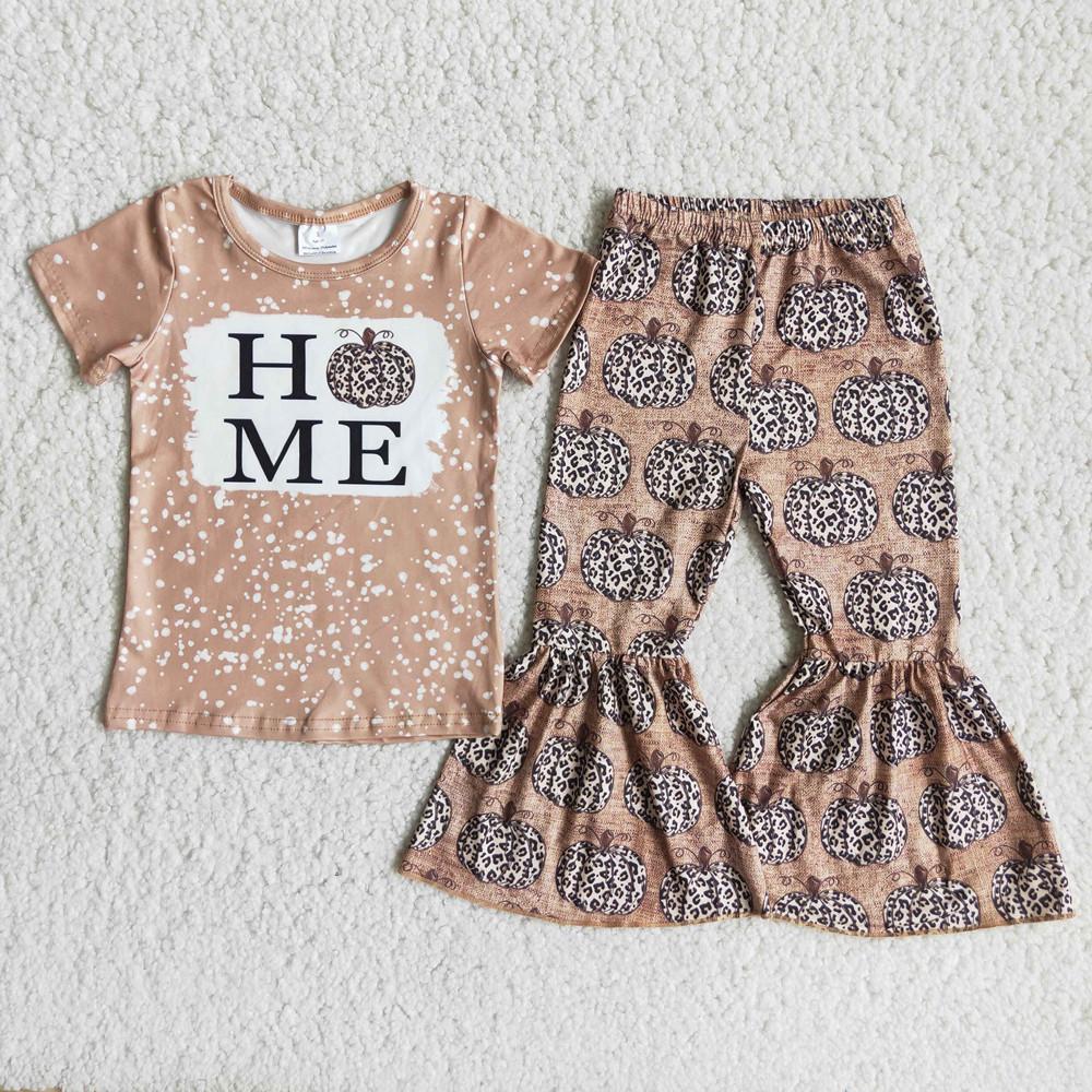 Clearance A10-13 Halloween Pumpkin Leopard Home Girls Short Sleeve Bell Bottom Pants Outfits