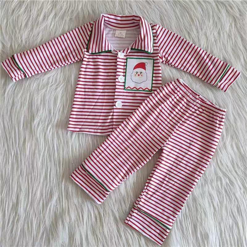 Casual Striped Print Embroidery Santa Girls Cotton Pajamas