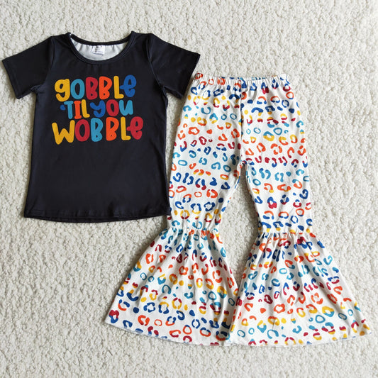 E4-1 Gobble Til you Wobble Black Letter Leopard Girls Short Sleeve Bell Bottom Pants Outfits