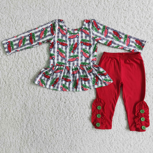 Clearance 6 C9-24 Christmas Red Tree Car Tunic Girls Long Sleeve Pants Outfits