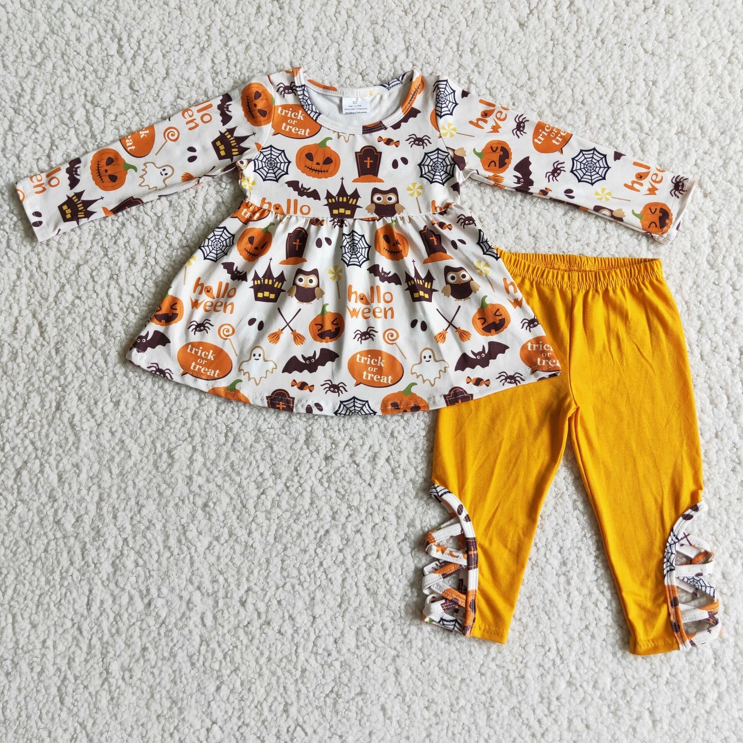 Clearance 6 C7-38 Halloween Pumpkin Ghost Yellow Cross Tunic Girls Long Sleeve Bell Bottom Pants Outfits