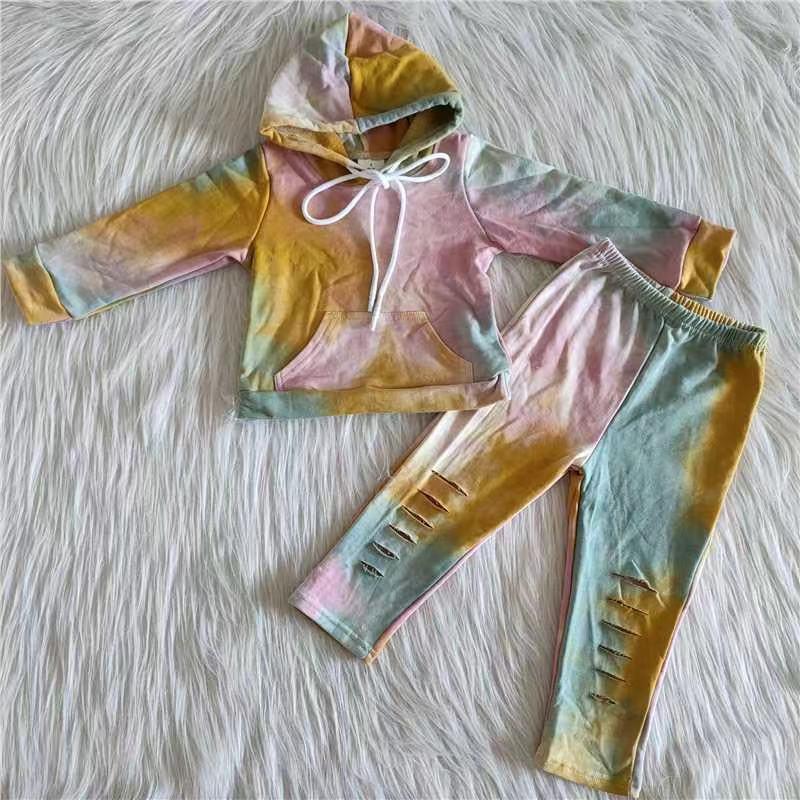 Clearance 6 A15-26 Tie Dye Kids Hoodie Pink & Yellow Set