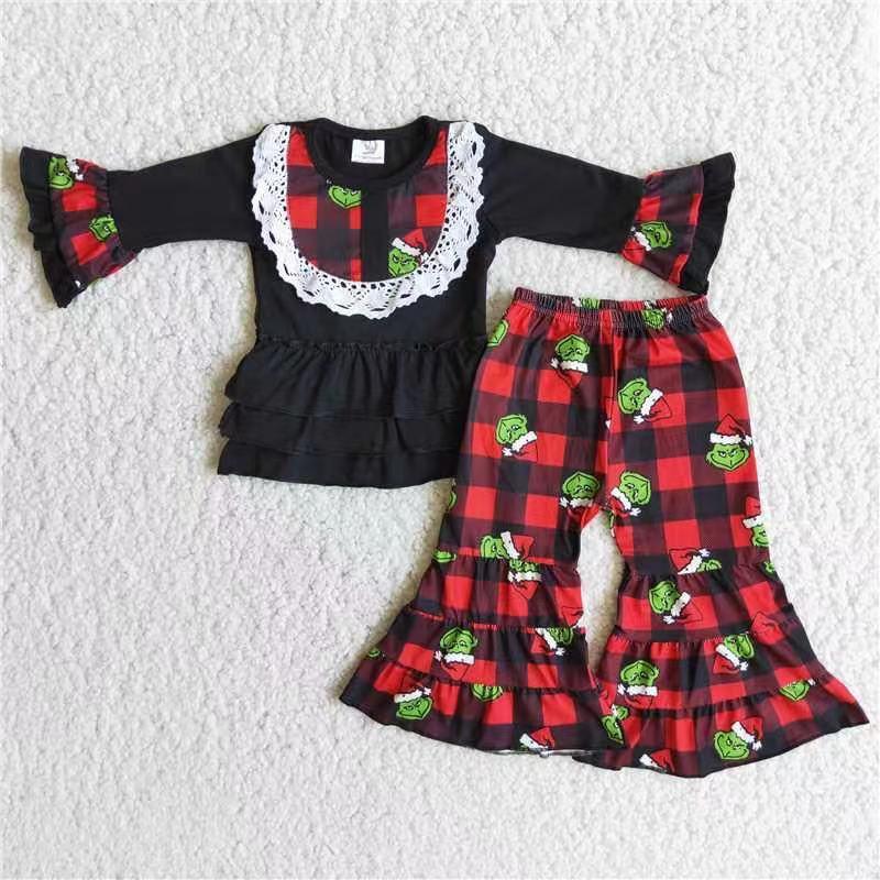 Baby Girls Lace Long Ruffles Sleeve Cotton Black Top Christmas Girls Sets