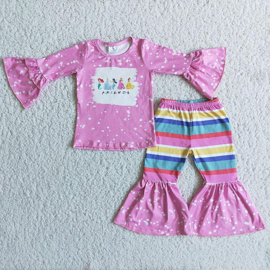 Best Sale Pink Bleach Design Little Girls Ruffles Striped Print Pants Kids Outfits