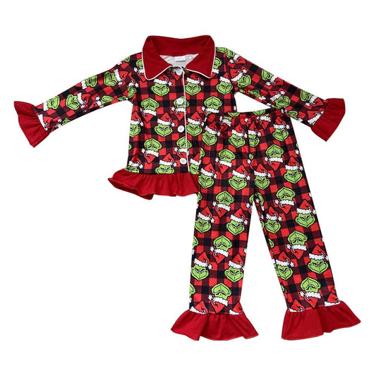 6 A19-15 Christmas Green Red Cartoon Plaid Collar Girls Long Sleeve Pants Outfits Pajamas