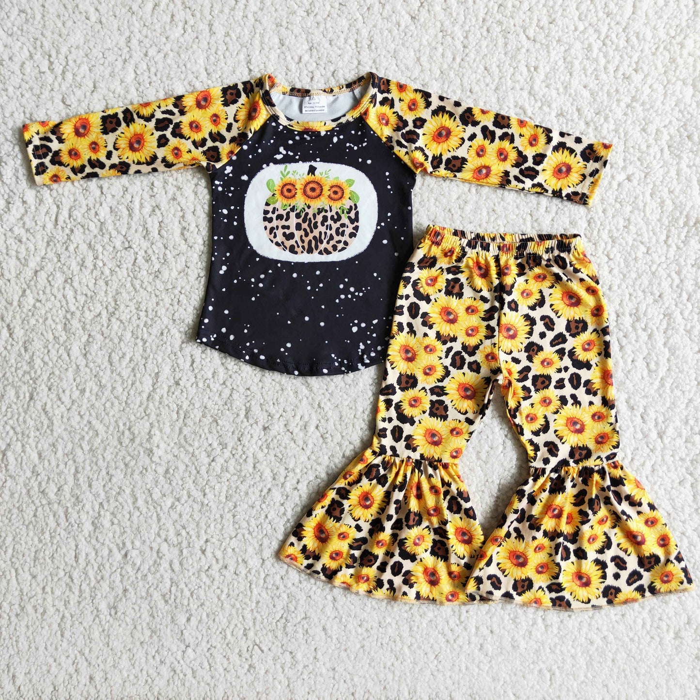 Clearance 6 A10-19 Halloween Fall Sunflower Pumpkin Print Girls Long Sleeve Bell Bottom Pants Outfits