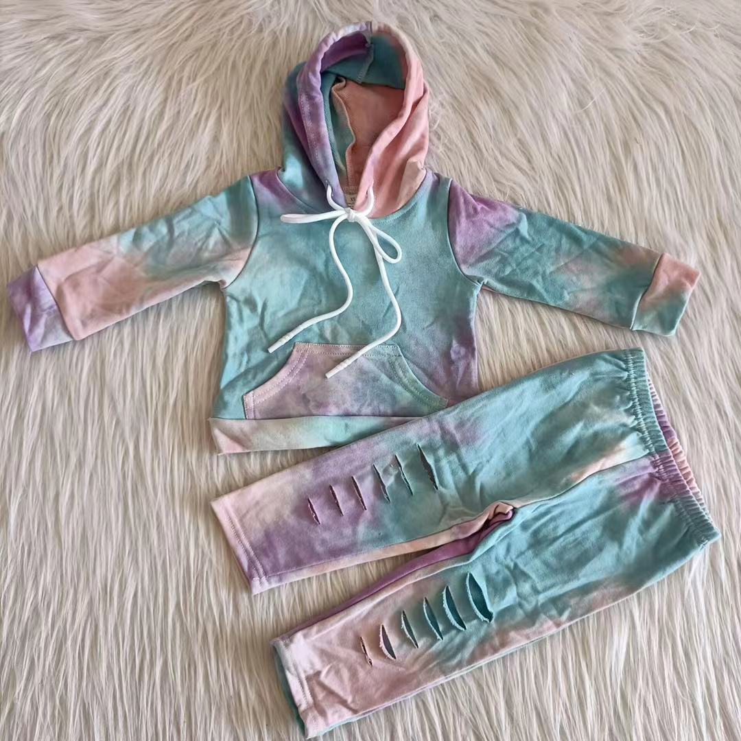 Clearance 6 A30-26 Tie Dye Kids Girls Long SLeeve Hoodies Outfits Blue & Pink Set