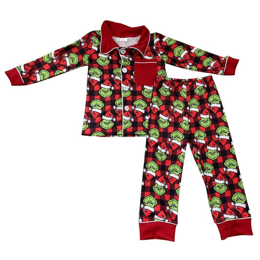 6 B1-25 Christmas Green Red Cartoon Plaid Collar Boys Long Sleeve Pants Outfits Pajamas