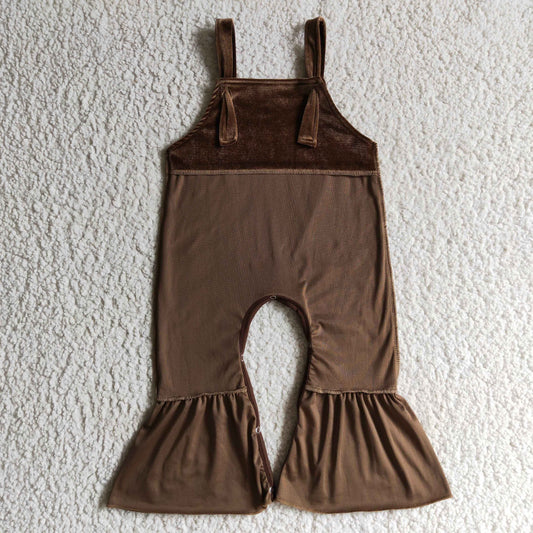 SR0090 Brown Velvet Girls Sleeveless Jumpsuit Overall Pants