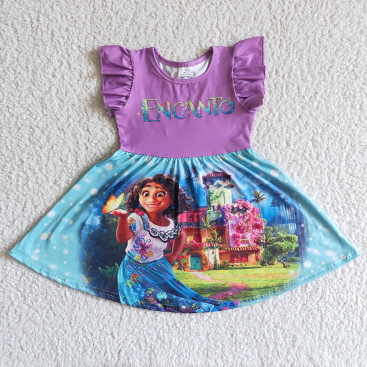 Clearance GSD0014 Purple Princess Cartoon Girls Flutter Sleeve Dresses