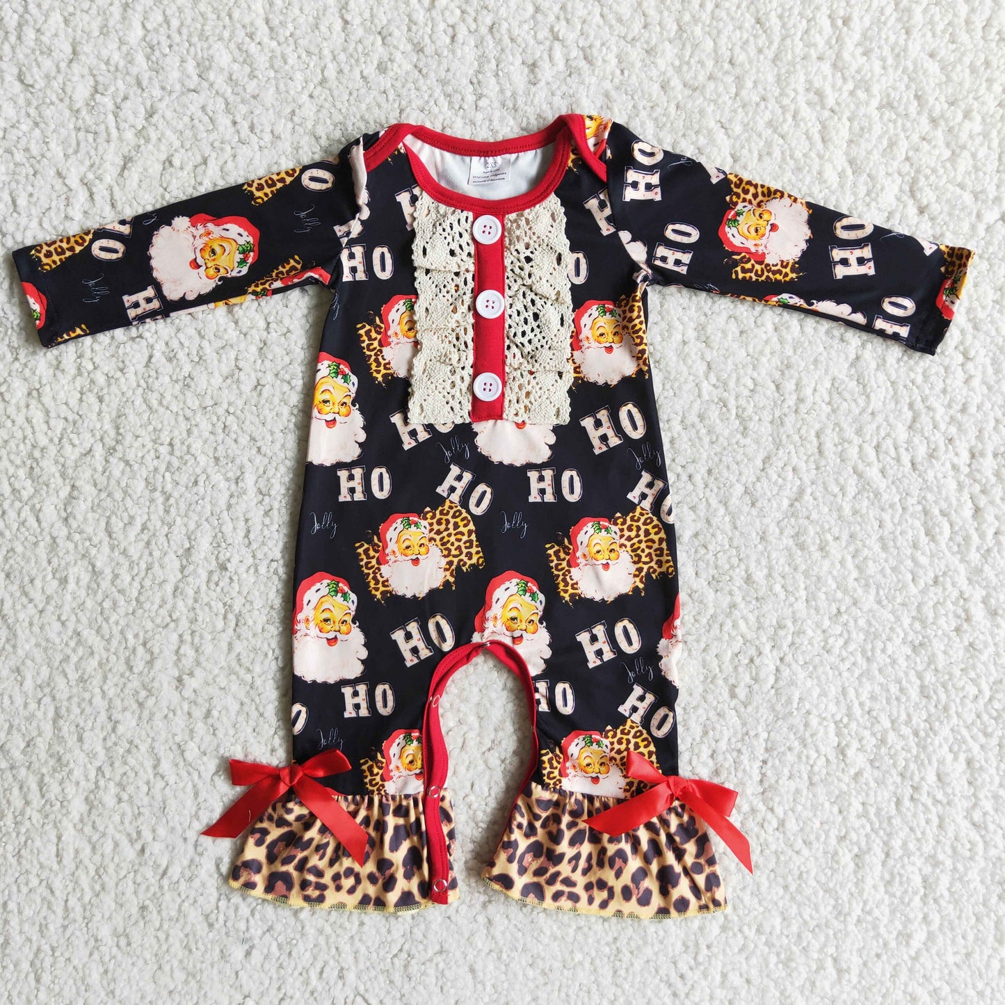 Clearance 6 A19-17 Christmas Santa HOHOHO Leopard Girls Long Sleeve Romper