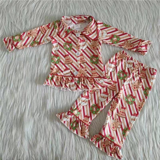 Clearance 6 A23-18 Christmas Red Stripes Santa Deer Collar Girls Long Sleeve Pants Outfits Pajamas