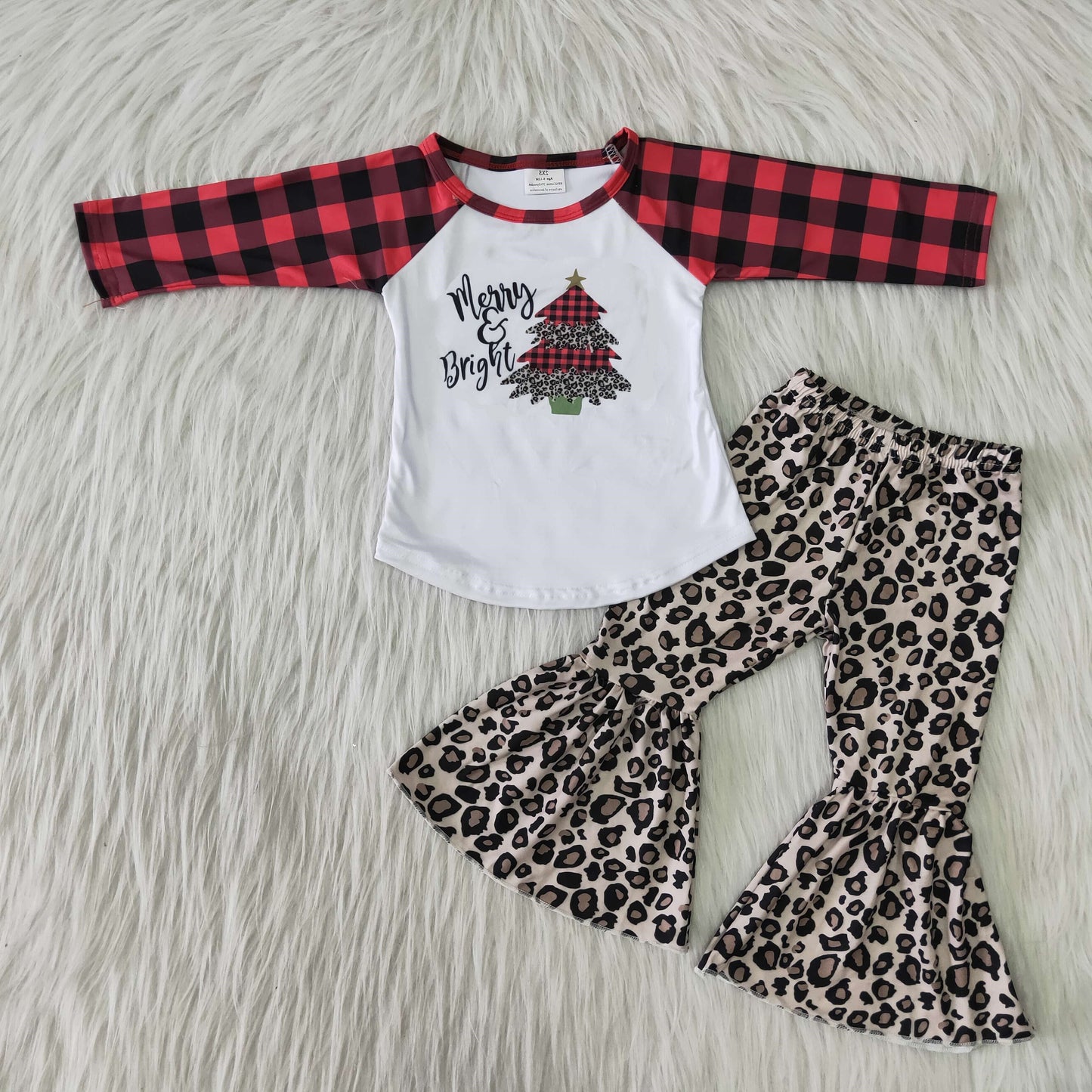 Merry Christmas Plaid Long Sleeve Tunic Match Leopard Print Pants Kids Outfits