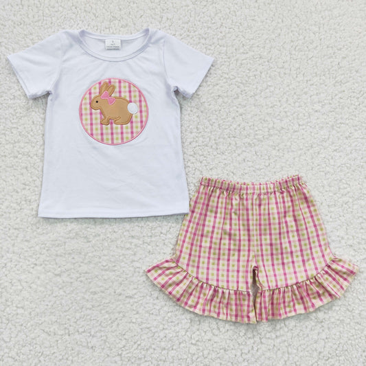 GSSO0158 Easter Rabbit  Pink Plaid Embroidery Girls Short Sleeve Shorts Outfits