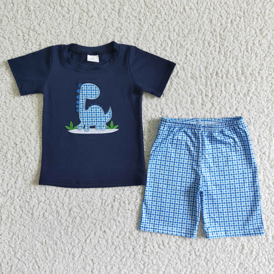 BSSO0005 Dinosaur Cartoon Blue Plaid Embroidery Boys Short Sleeve Shorts Outfits