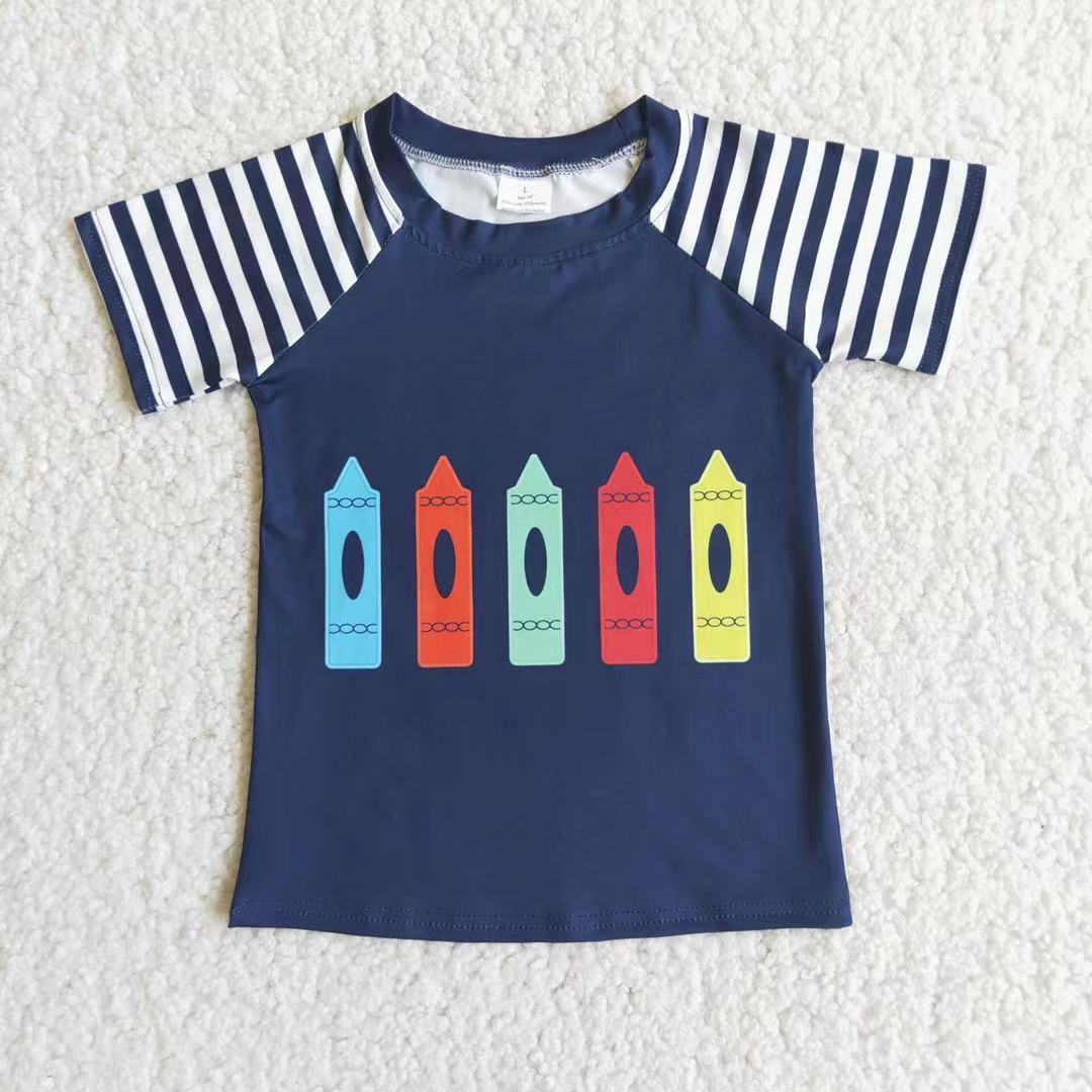 Hot Sale Boys Blue Short Striped Print Sleeve Back To School T-shirts