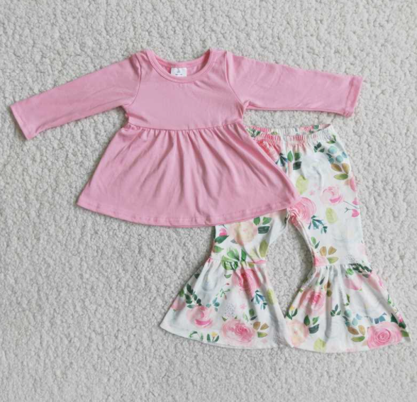 Clearance 6 A24-27 Pink Floral Tunic Girls Long Sleeve Bell Bottom Pants Outfits