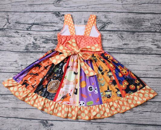 B18-11 Halloween Pumpkin Cartoon Orange Girls Belt Patchwork Sleeveless Dresses