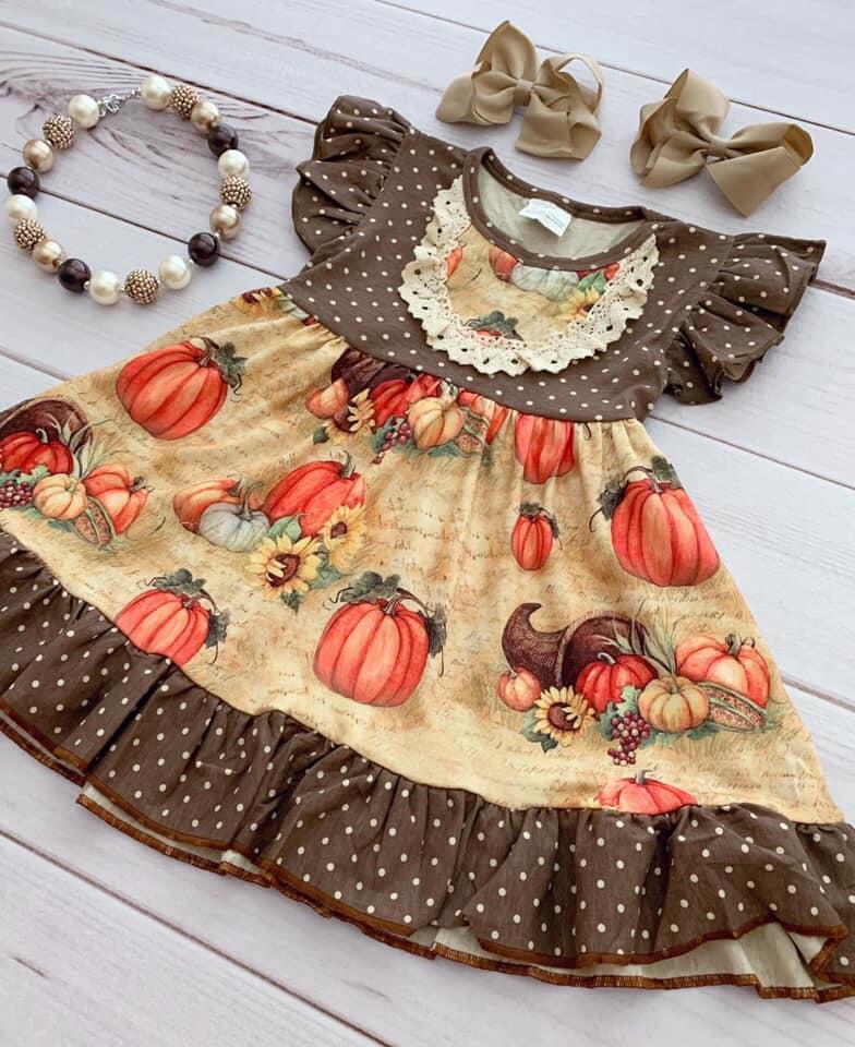 A4-24 Fall Cute Girls Casual Pumpkin Fall Flutter Sleeve Twirl Dress