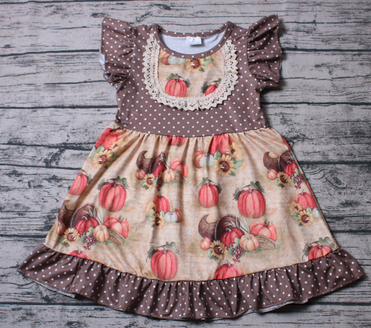 A4-24 Fall Cute Girls Casual Pumpkin Fall Flutter Sleeve Twirl Dress