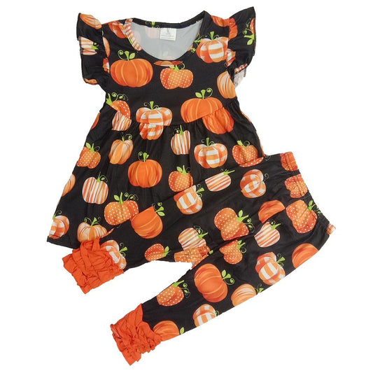 Clearance C10-21 Pumpkin Print Flutter Sleeve Fall Kids Casual Outfits