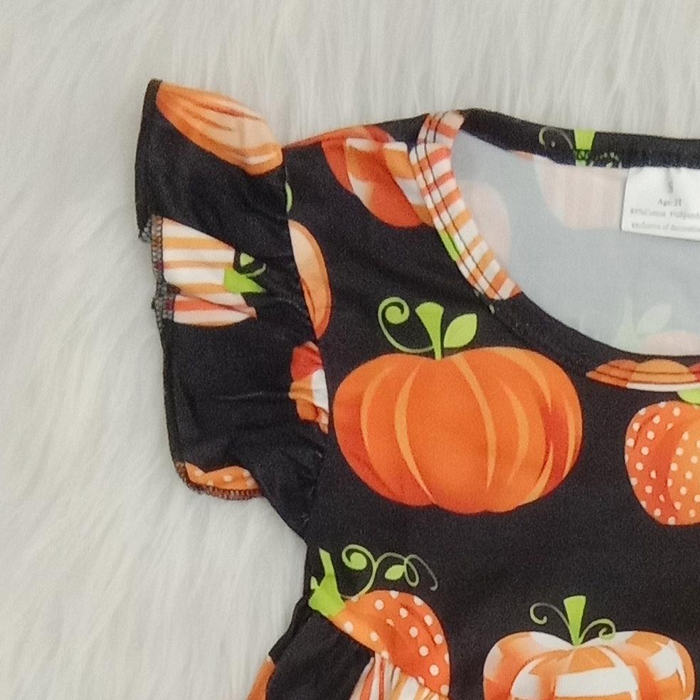 Clearance C10-21 Pumpkin Print Flutter Sleeve Fall Kids Casual Outfits