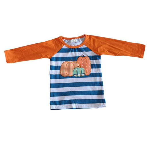 6 A19-29 Halloween Embroidery Pumpkin Blue Orange Striped Boys Long Sleeve Top T-shirts