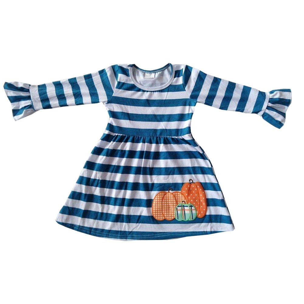 6 A19-13 Halloween Pumpkin Blue Striped Embroidery Girls Long SLeeve Dresses