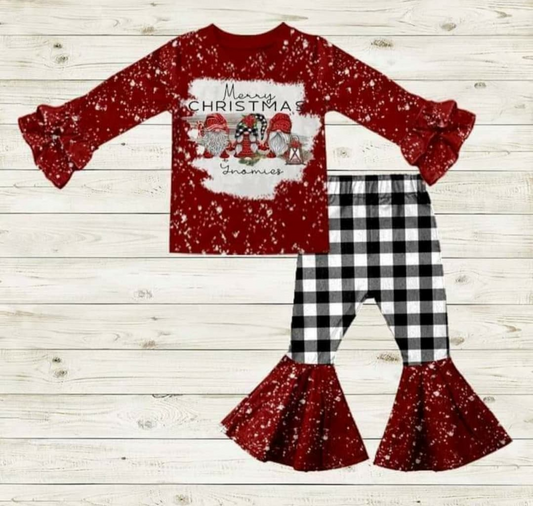 Adorable Christmas Long Ruffles Sleeve Bleach Design Plaid Print Pants Outfits