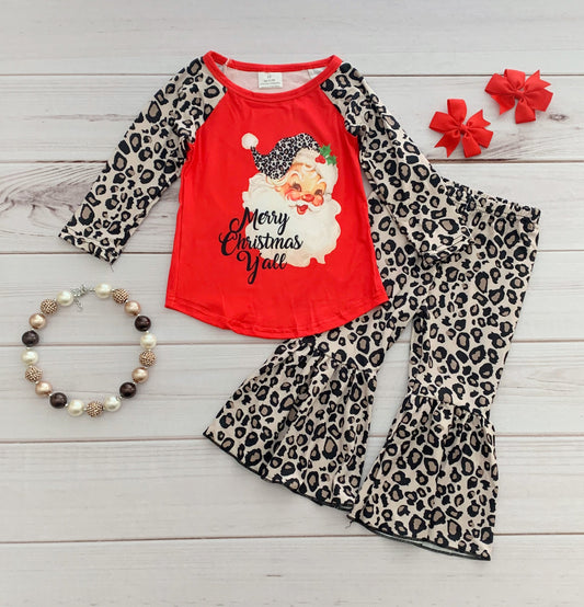 6 A8-15 Merry Christmas Santa Red Leopard Girls Long Sleeve Bell Bottom Pants Outfits